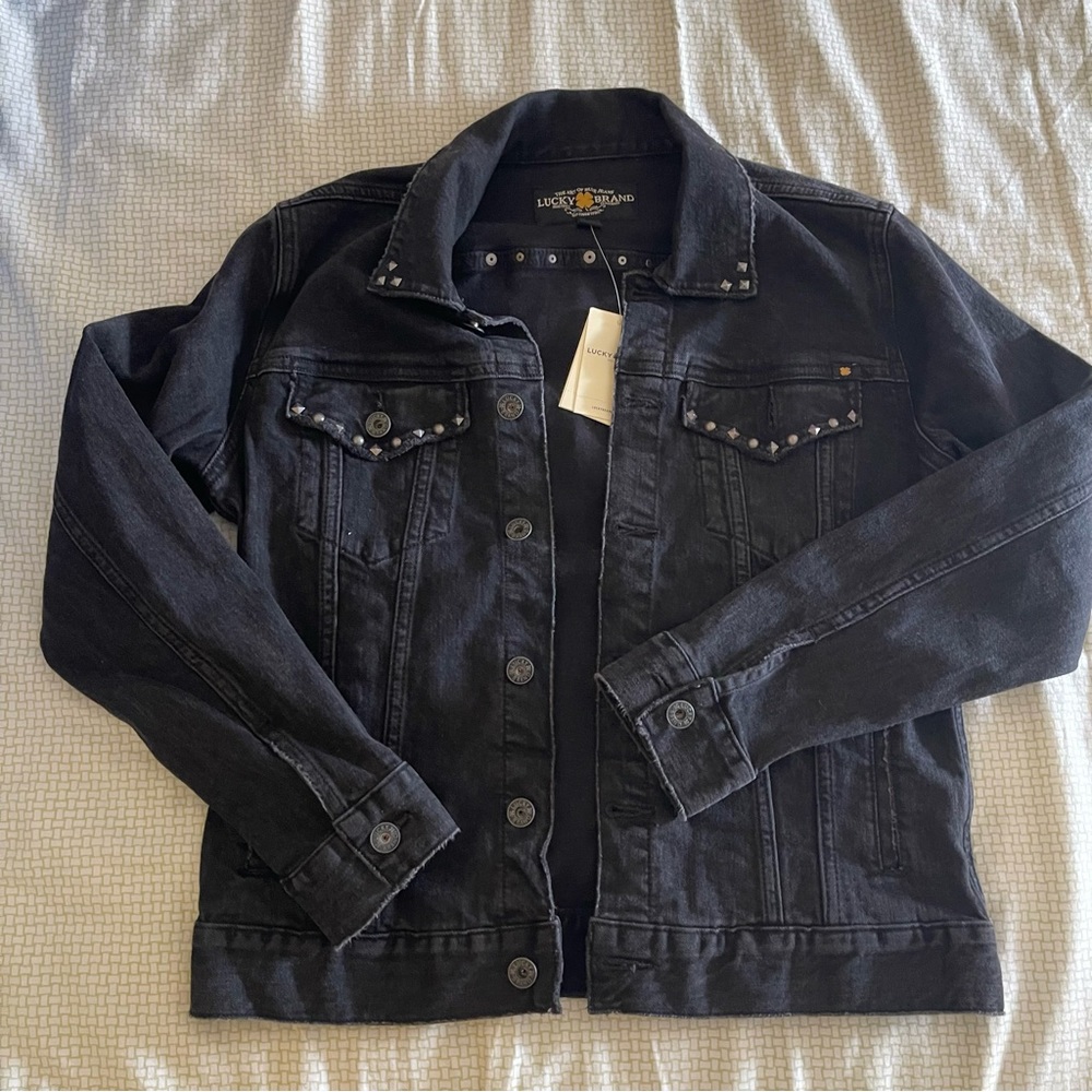 Lucky brand black studded denim trucker jacket